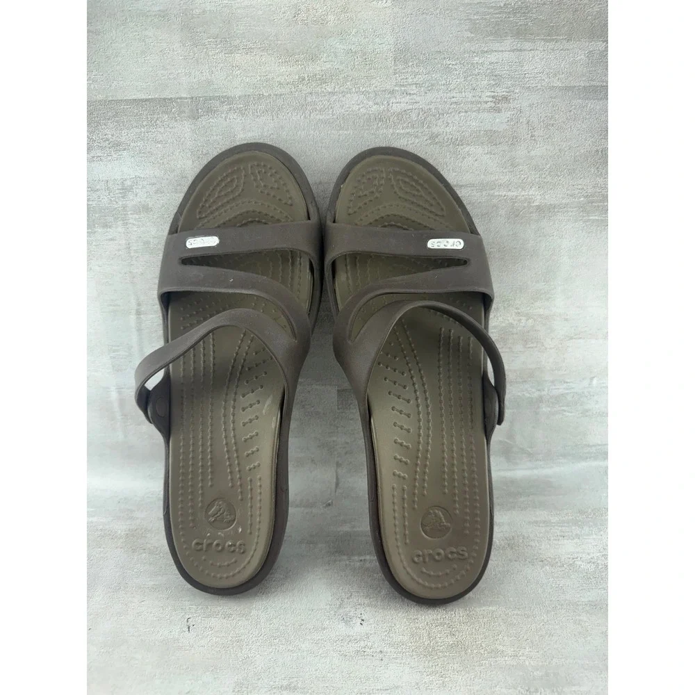 Crocs Patricia Wedge Sandals Women Sz 9 Brown Olive Green Multi Strap Slide